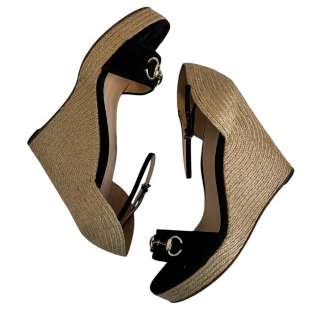 Gucci Horsebit Espadrille Black Suede Wedges Size  41.5 Box & Dust Bags Included - Picture 13 of 16